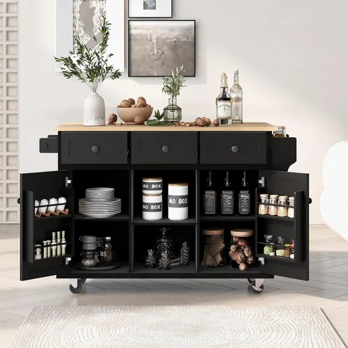 Vista 21 de Delicate Rolling Kitchen Island Cart with Rubber Wood Drop-Leaf Countertop and Lockable Rollers,Storage Cabinet and 2 Drawers,Sliding Barn Door