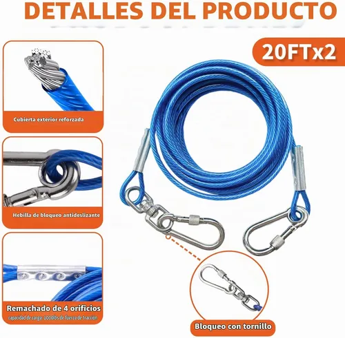 Vista 5 de Estaca de perro resistente para exterior, patio y camping con cables de 2x20 pies para perros, capacidad de 200 libras, doble giro de 360°, anclaje