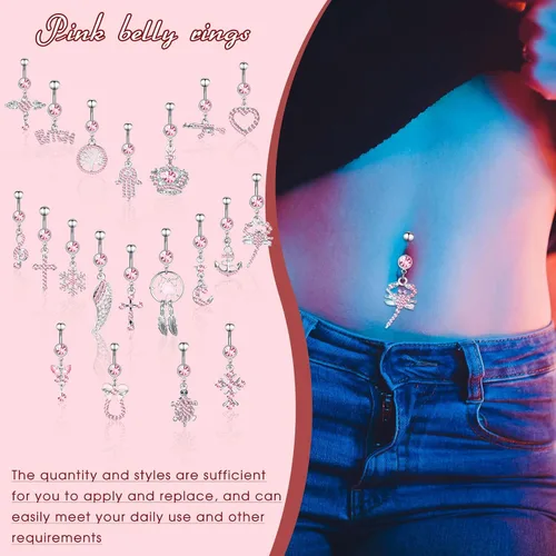 Vista 4 de Junkin 20 piercings colgantes para ombligo de acero quirúrgico 316L, circonita cúbica, piercing para el cuerpo, 20 unidades, 0.49 oz