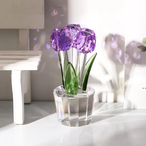 Vista 6 de YWHL Flor de tulipanes de cristal hecha a mano, regalos de tulipanes para mujeres, ramo de cristal, figuras coleccionables, adornos para decoración