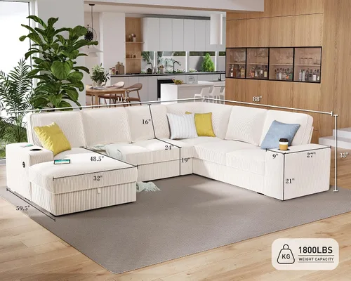 Vista 3 de PaPaJet Sofá en forma de U, sofá de gran tamaño de 112 pulgadas con diván de almacenamiento, sofá modular con portavasos y 2 puertos USB, sofá beige