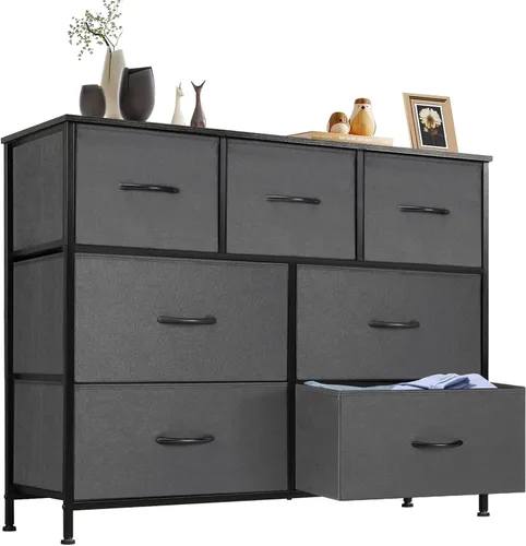 Vista 13 de Sweetcrispy Cómoda para dormitorio, cómoda de tela con 8 cajones, cómoda para armario, sala de estar, marco de acero resistente, parte superior