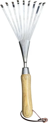 Vista 8 de Garden Guru - Rastrillo de mano ecológico, 100% acero inoxidable reciclado, resistente a la corrosión, mango ergonómico de madera certificado FSC