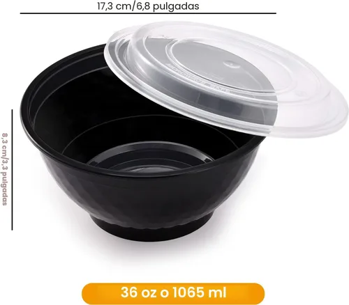 Vista 2 de Kitch'nMore Cuencos de preparación de comidas extra gruesos de 36 onzas con tapas, recipientes de plástico con cubiertas transparentes para fideos