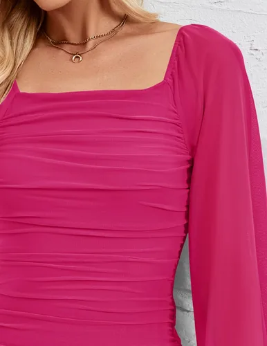 Vista 5 de ZESICA Vestido midi sexy y fruncido para mujer 2023, manga larga, cuello cuadrado, espalda descubierta, cóctel, fiesta, boda
