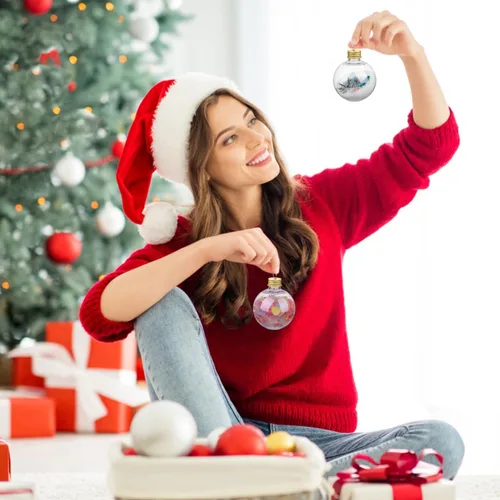Vista 7 de Baluue Botellas de leche de plástico, 10 bolas de alcohol de Navidad, bola de adornos rellenables para árbol de Navidad de 8.5 fl oz, bombillas