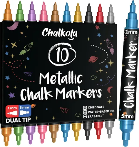 Vista 12 de Chalkola Marcadores de Tiza Metálicos de Punta Extra Fina (Paquete de 10, Punta de 1mm) - Rotuladores de Tiza Líquida para Pizarra, Pizarra Negra