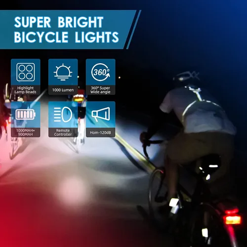 Vista 3 de Juego de luces de bicicleta, luz recargable USB para bicicleta delantera y trasera, 1000 lúmenes para bicicleta y luz trasera con señal de giro