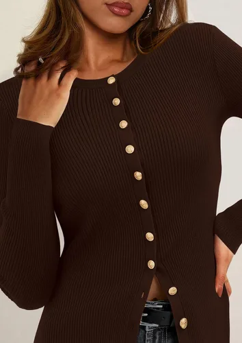Vista 5 de PRETTYGARDEN Suéteres tipo cárdigan ligeros de otoño para mujer Marrón