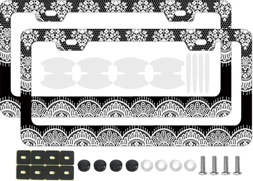 Vista 8 de Marco de matrícula de lunares negros, 2 piezas de soporte decorativo clásico de lunares blancos para placa de automóvil, lindo estilo retro