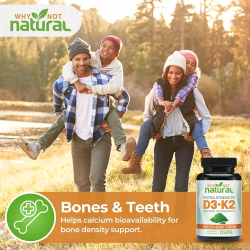 Vista 6 de Why Not Natural Vitamina D3 K2 (MK-7) con espirulina orgánica, suplemento extra fuerte de 10000 UI en cápsulas vegetales, apoya la salud ósea