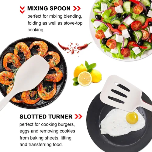 Vista 4 de Juego de 4 utensilios de cocina de silicona, juego de utensilios de cocina grandes antiadherentes con mango de madera, grado alimenticio, resistente