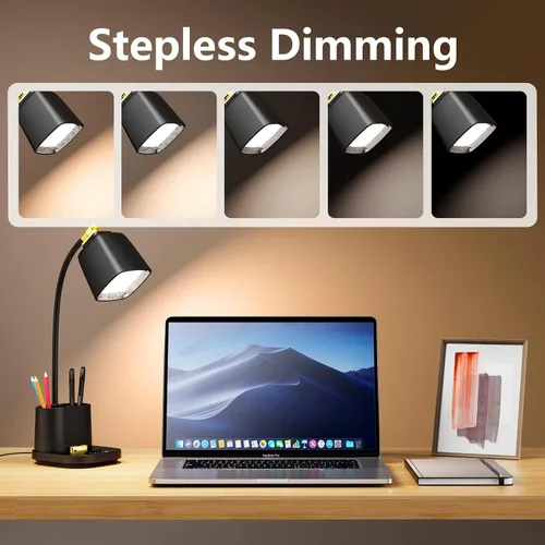 Vista 3 de Lámpara LED de escritorio con puerto de carga USB, control táctil, 3 modos de color, atenuación sin escalones, lámpara de mesa LED para cuidar