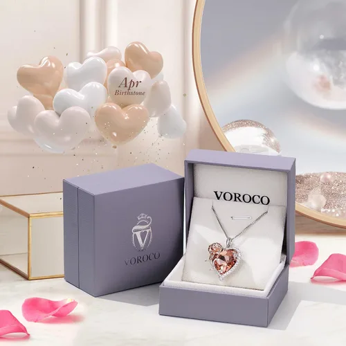 Vista 5 de VOROCO Collar de piedra natal de cristal en forma de corazón con flores de cumpleaños, collar de plata de ley 925 con colgante de amor para mujer