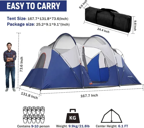 Vista 2 de HIKERGARDEN Tienda de Campaña para 10 Personas - Tienda Familiar Portátil de Fácil Instalación para Campamento, Tienda de Cúpula de Tela Resistente