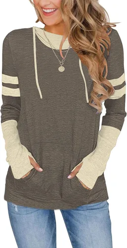 Vista 11 de AUSELILY Womens Long Sleeve Drawstrings Hooded Sweatshirt With Thumb Holes 01-beige