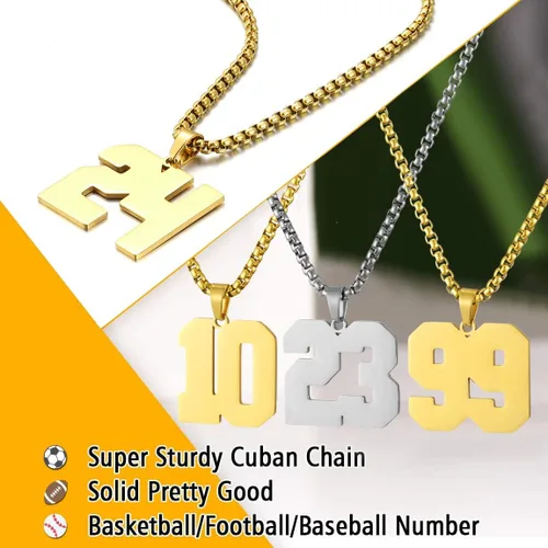 Vista 5 de Collar de Número Dorado para Hombre, Cadena de Acero Inoxidable con Colgante de Número para Atletas, Joyería Deportiva Personalizada para Niños