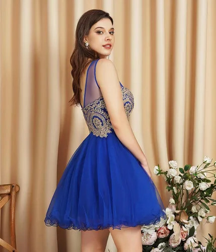 Vista 3 de MisShow Vestidos de tul para adolescentes, apliques de encaje dorado, vestido corto de graduación, sin mangas, vestidos de fiesta de cóctel