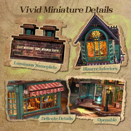 Vista 4 de FUNPOLA - Rompecabezas de madera 3D con luces LED, kit en miniatura de bricolaje, librería hechizada, exhibición de decoración del hogar, regalo
