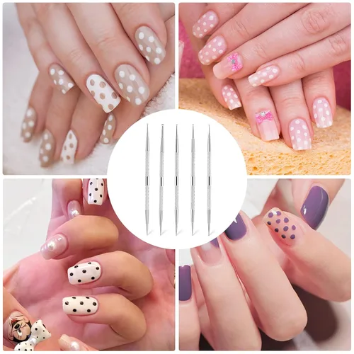 Vista 5 de Juego de 5 bolígrafos punteados para arte de uñas de doble extremo, herramientas de pintura de puntos de acero inoxidable de 2 vías para manicura