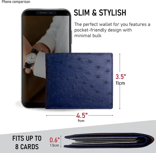 Vista 5 de HATA Cartera plegable de cocodrilo de cocodrilo para hombre, hecha a mano, bloqueo RFID o Hornback por vietnamita, Avestruz Azul Marino-DOBLE LADO