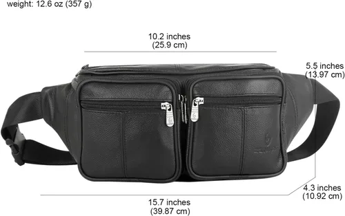 Vista 2 de Riñonera de piel auténtica, bolsa de cintura, organizador con cinturón ajustable, múltiples bolsillos para hombres y mujeres, Negro-878 Grande, L