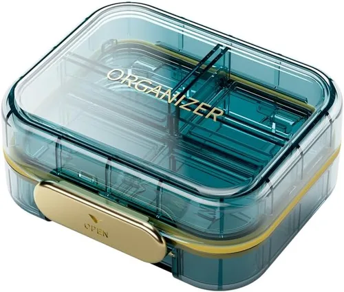 Vista 9 de Paquete de 1 organizador de píldoras de viaje, 7 compartimentos, pastillero portátil diario para contener vitaminas, contenedor de píldoras