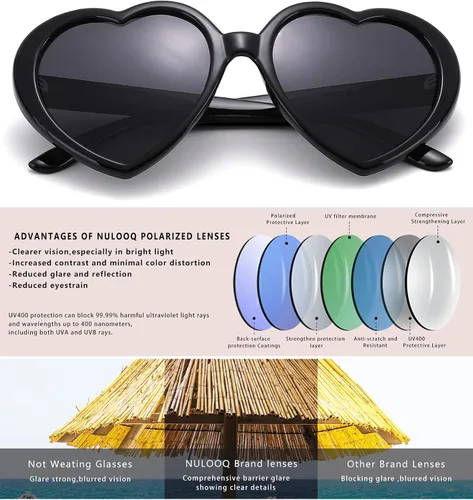 Vista 5 de NULOOQ Gafas de sol polarizadas en forma de corazón para mujer, estilo retro a la moda, marco grande, estilo encantador con protección UV 100%