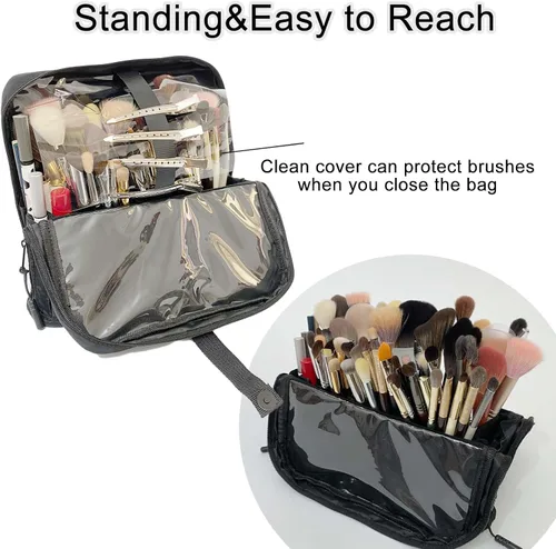 Vista 5 de Bolsa organizadora de brochas de maquillaje de viaje, soporte para brochas de maquillaje de pie con divisores ajustables, soporte para bolsa