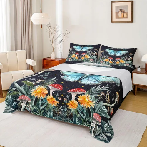 Vista 23 de Erosebridal Juego de sábanas tamaño individual con estampado de luna, diseño de flores de loto, color morado degradado, juego de sábanas orientales