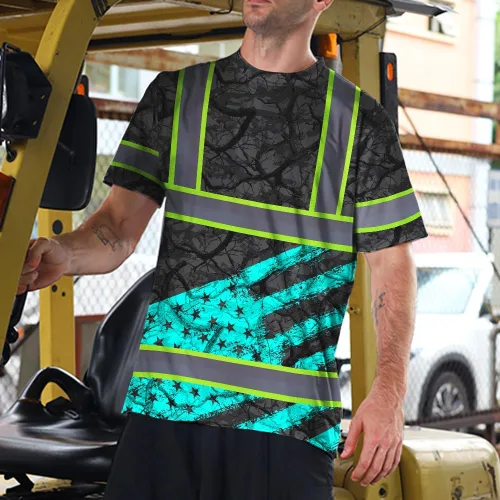 Vista 2 de Camisa de alta visibilidad de calavera con bandera de Estados Unidos para hombres, camisas de seguridad con nombre personalizado, ropa de trabajo