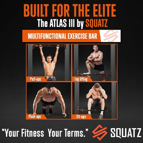 Vista 7 de SQUATZ Barra de dominadas ajustable, equipo de ejercicio de entrenamiento de fuerza con bloqueo automático, ancho ajustable de 29 a 45 pulgadas