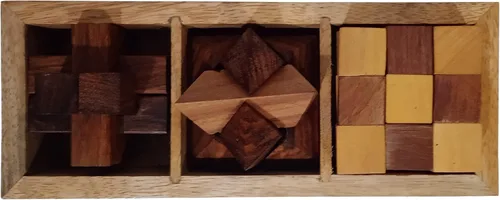 Vista 4 de Purpledip Juego de rompecabezas de madera: 3 desafíos mentales cerebrales con caja de almacenamiento (12629)