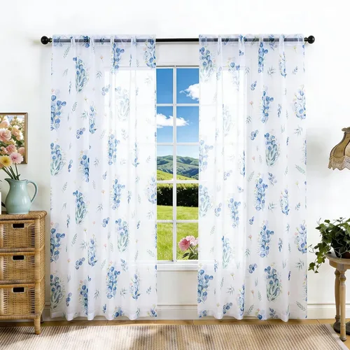 Vista 19 de youleyar Cortinas traslúcidas florales para sala de estar, 2 paneles de 54 pulgadas de largo, cortinas semitransparentes blancas con estampado
