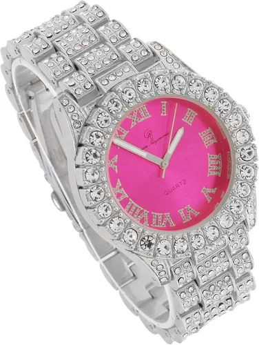 Vista 8 de Reloj de mujer con bisel grande de rocas, esfera de color con números romanos, totalmente cubierto en cristales - ST10327LA
