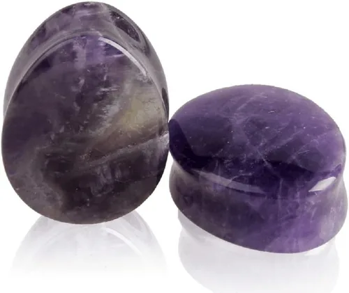 Vista 2 de NewZenro Túneles de tapones para los oídos de amatista Tiendaita orgánica con piedra natural, dilatador, aretes de lágrima, doble acampanada, juego
