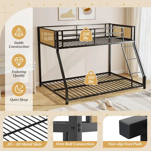 Vista 5 de KOMFOTT Litera de metal individual sobre matrimonial, litera de ratán bohemio de perfil bajo con barandilla de seguridad de longitud completa y Negro