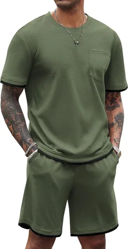 Vista 7 de COOFANDY Conjunto de camisa y pantalones cortos de gofre para hombre, conjunto de 2 piezas, conjunto casual de verano con bolsillos
