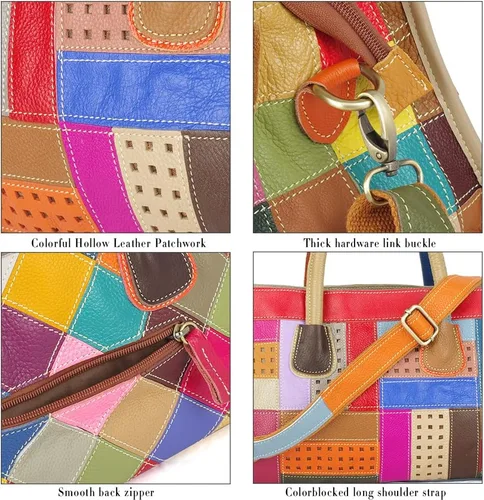 Vista 7 de Bolso de cuero retro para mujer, bolso de hombro de piel de vaca multicolor