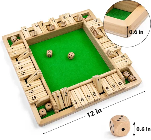 Vista 5 de Ropoda Juego de madera para cerrar la caja (2-4 jugadores), tablero grande de 4 lados, 8 dados, reglas, divertido juego de adición para niños