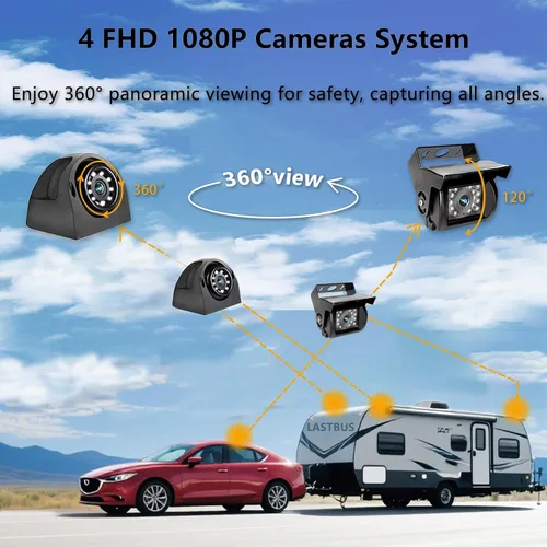 Vista 2 de Sistema de cámara RV de 7 pulgadas para caravana, semirremolque, cámper, 4 pantallas divididas, monitor de grabación HD DVR + cámara de visión