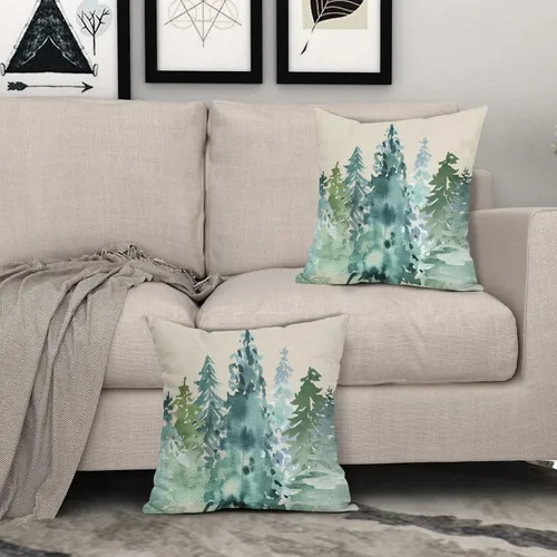Vista 3 de Juego de 2 fundas de almohada de árbol de acuarela de invierno de 16 x 16 pulgadas, color azul y verde, estilo rústico, estampado de bosque natural
