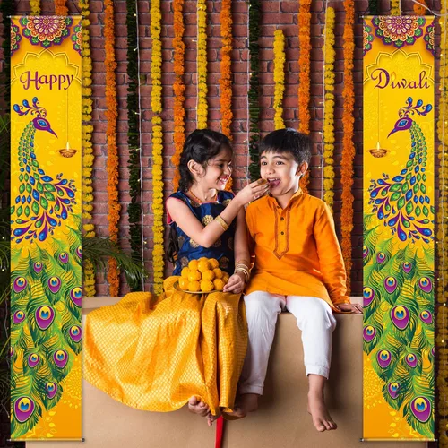 Vista 5 de Blulu Cartel de feliz Diwali para porche, decoración de Diwali para el hogar, pavo real, puerta, letrero de bienvenida, telón de fondo, decoración