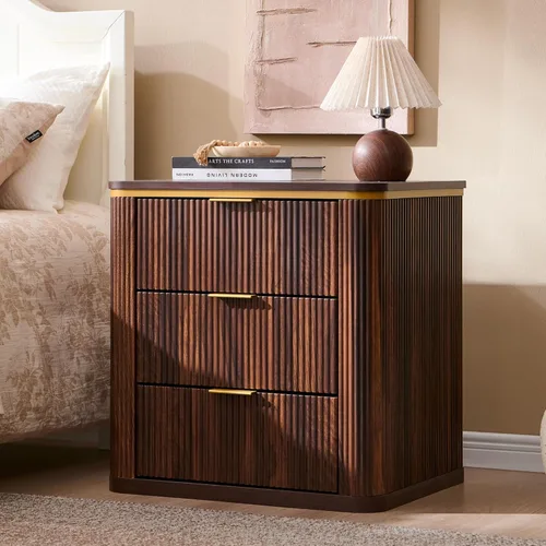 Vista 6 de T4TREAM Juego de 2 mesitas de noche grandes de 24" de estilo mitad de siglo moderno con 3 cajones acanalados, mesa auxiliar, mesita de noche