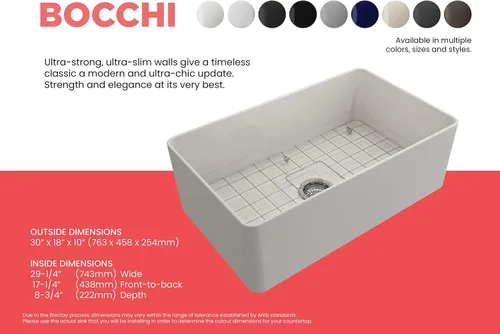 Vista 4 de BOCCHI Aderci - Fregadero de cocina ultradelgado con delantal delantero de granja de 30 pulgadas, fregadero de cocina de un solo tazón con rejilla