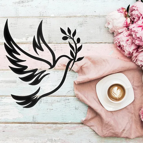 Vista 8 de Vivegate Dove of Peace - Arte de pared de metal con rama de olivo – ramas de olivo con contorno negro, decoración de pared de metal de paloma blanca
