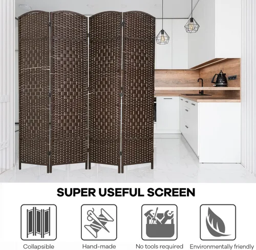 Vista 2 de Divisor de habitación, 4 paneles de 6 pies, divisor de privacidad plegable para interiores, pantalla de madera para hogar, oficina, restaurante