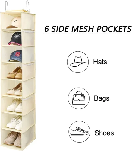 Vista 6 de Berdeng Organizador colgante de zapatos para armario con bolsillos de malla lateral, estantes para gorras de béisbol, soporte para zapatos y Beige