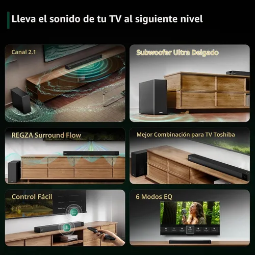 Vista 3 de Toshiba Barra de sonido C210WR 2.1 CH con subwoofer inalámbrico, Dolby Audio, DTS Virtual:X, Easy Control, 6 modos de ecualización, Bluetooth 5.4