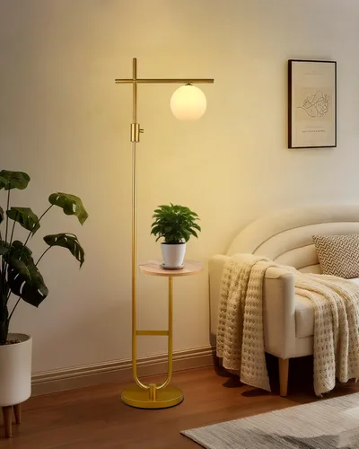 Vista 17 de Lightdot Lámparas de pie regulables doradas y negras de 66 pulgadas con mesa, moderna lámpara alta de pie con pantalla de globo, cabeza
